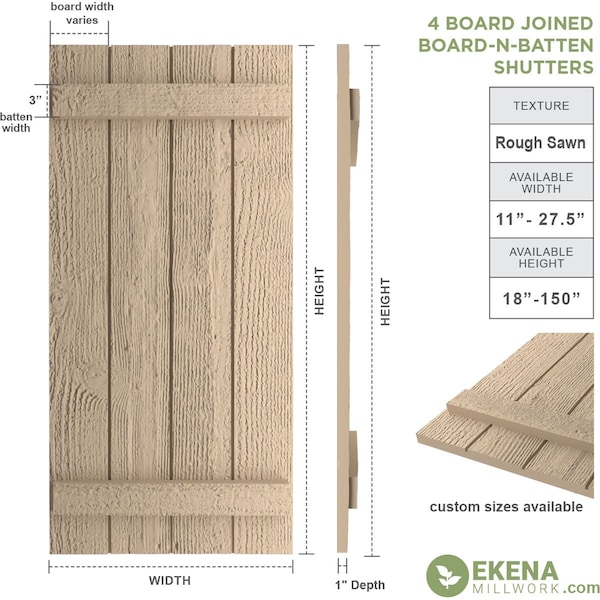 Rustic Four Board Joined Board-n-Batten Rough Sawn Faux Wood Shutters, 22W X 40H